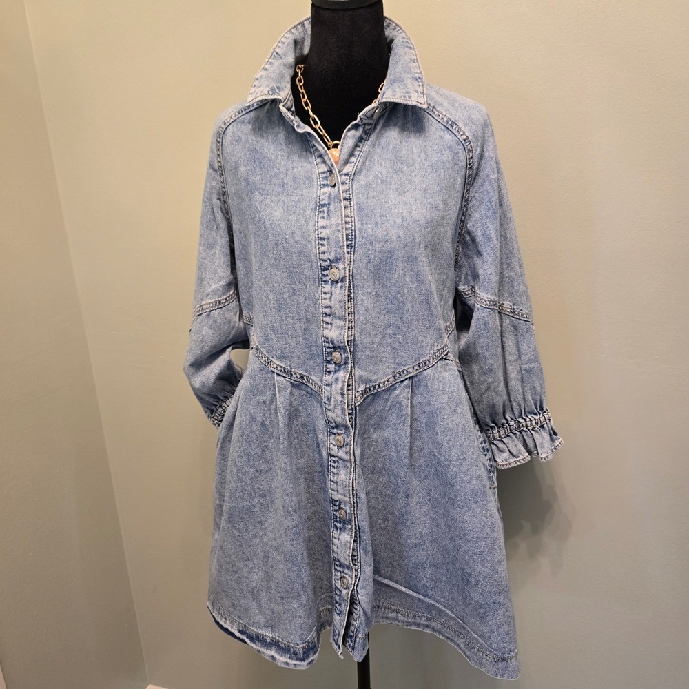 We The Free Free People Denim Mini Shirt Dress Light Acid Wash Blue XS Pockets